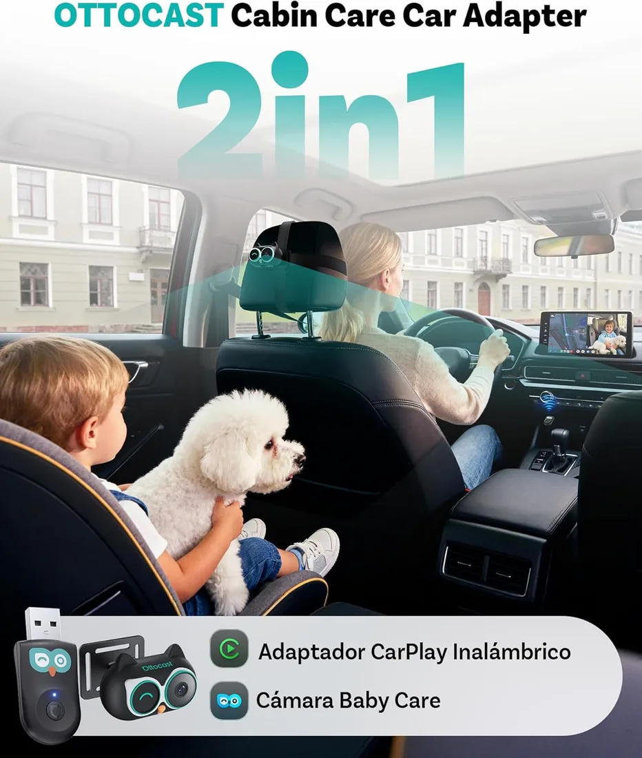 OTTOCAST Cabin Care 2026, 2 en 1 Adaptador CarPlay Inalámbrico + Cámara para Bebé, 1080P Full HD, Gran Angular 150°, Visión Nocturna IR, Compatible con CarPlay con Cable (Desde 2016) foto 2