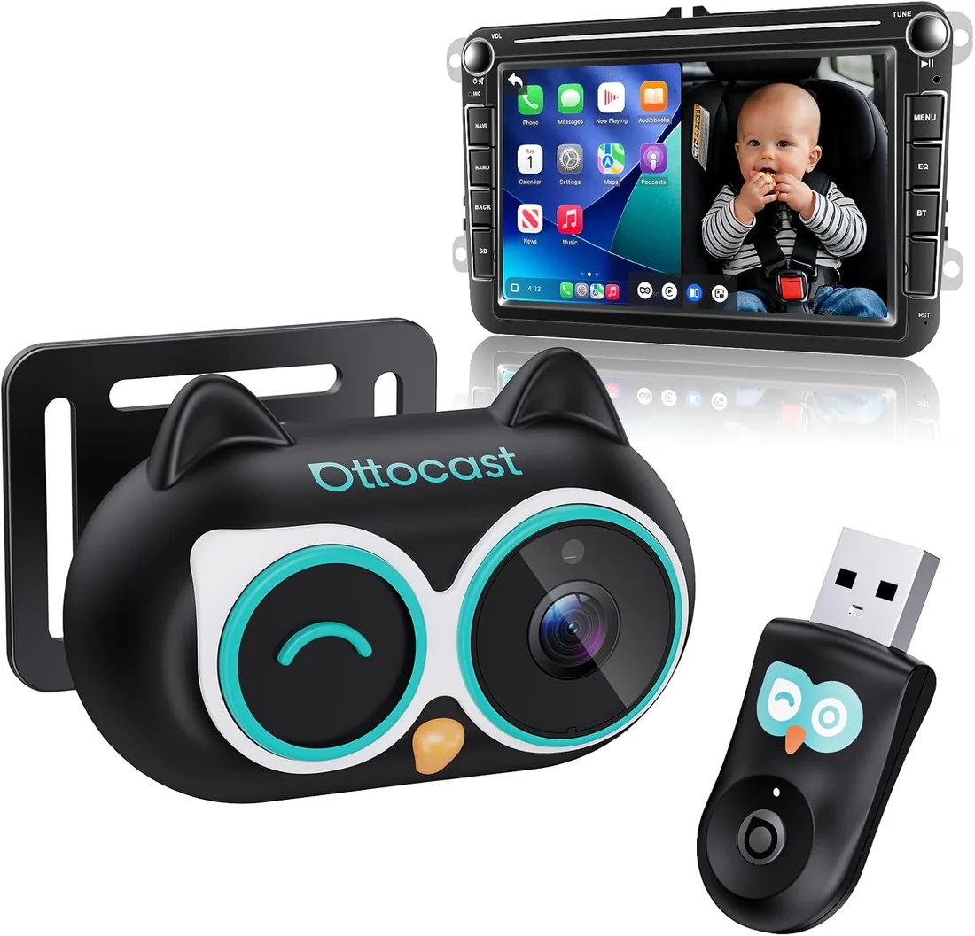 OTTOCAST Cabin Care, Adaptador CarPlay Inalámbrico con Cámara, Plug & Play | 2026 Cámara Bebé para Coche, Monitor Bebé CarPlay en Pantalla Original, Pantalla Dividida & Pip, Visión Nocturna 1080P