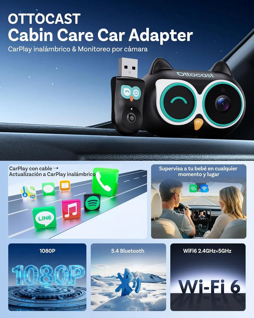 OTTOCAST Cabin Care, Adaptador CarPlay Inalámbrico con Cámara, Plug & Play | 2026 Cámara Bebé para Coche, Monitor Bebé CarPlay en Pantalla Original, Pantalla Dividida & Pip, Visión Nocturna 1080P foto 2