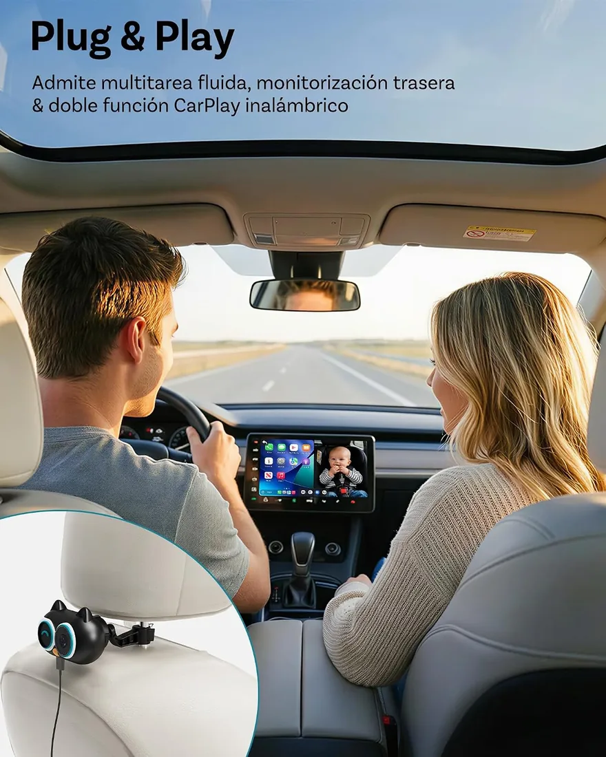 OTTOCAST Cabin Care, Adaptador CarPlay Inalámbrico con Cámara, Plug & Play | 2026 Cámara Bebé para Coche, Monitor Bebé CarPlay en Pantalla Original, Pantalla Dividida & Pip, Visión Nocturna 1080P foto 3
