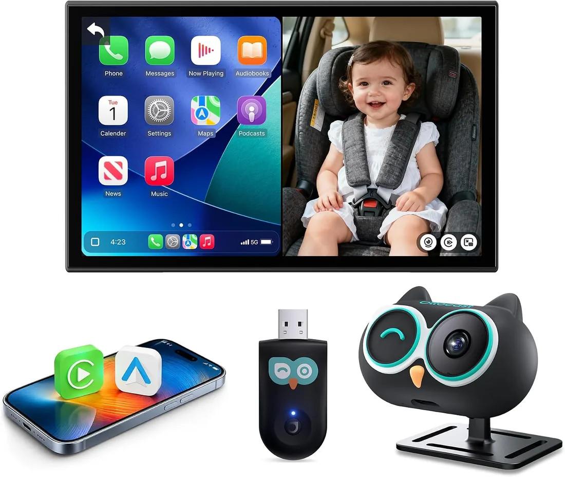 OTTOCAST Cabin Care, Cámara Bebé Coche con Inalámbrico CarPlay Android Auto, Monitor Asiento Trasero para Niños & Mascotas, Visión Nocturna 1080P, Gran Angular 150°, para Coches con CarPlay con Cable