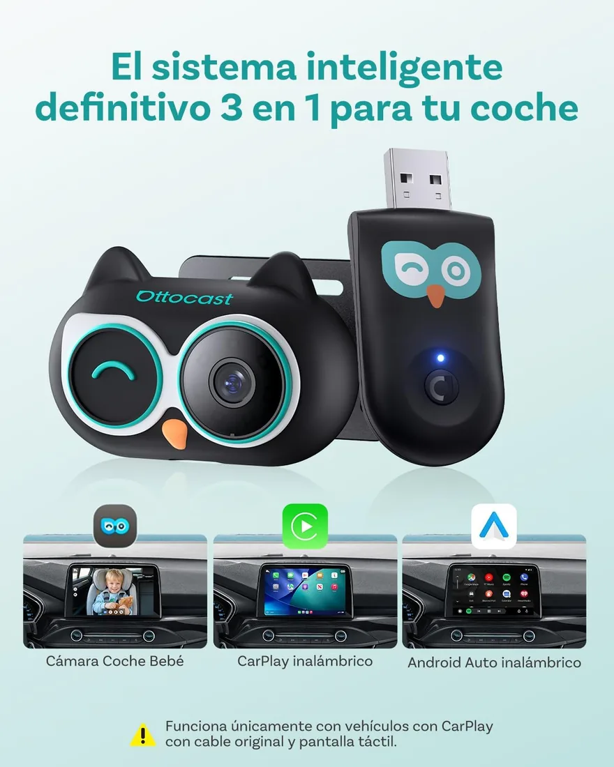 OTTOCAST Cabin Care, Cámara Bebé Coche con Inalámbrico CarPlay Android Auto, Monitor Asiento Trasero para Niños & Mascotas, Visión Nocturna 1080P, Gran Angular 150°, para Coches con CarPlay con Cable foto 2