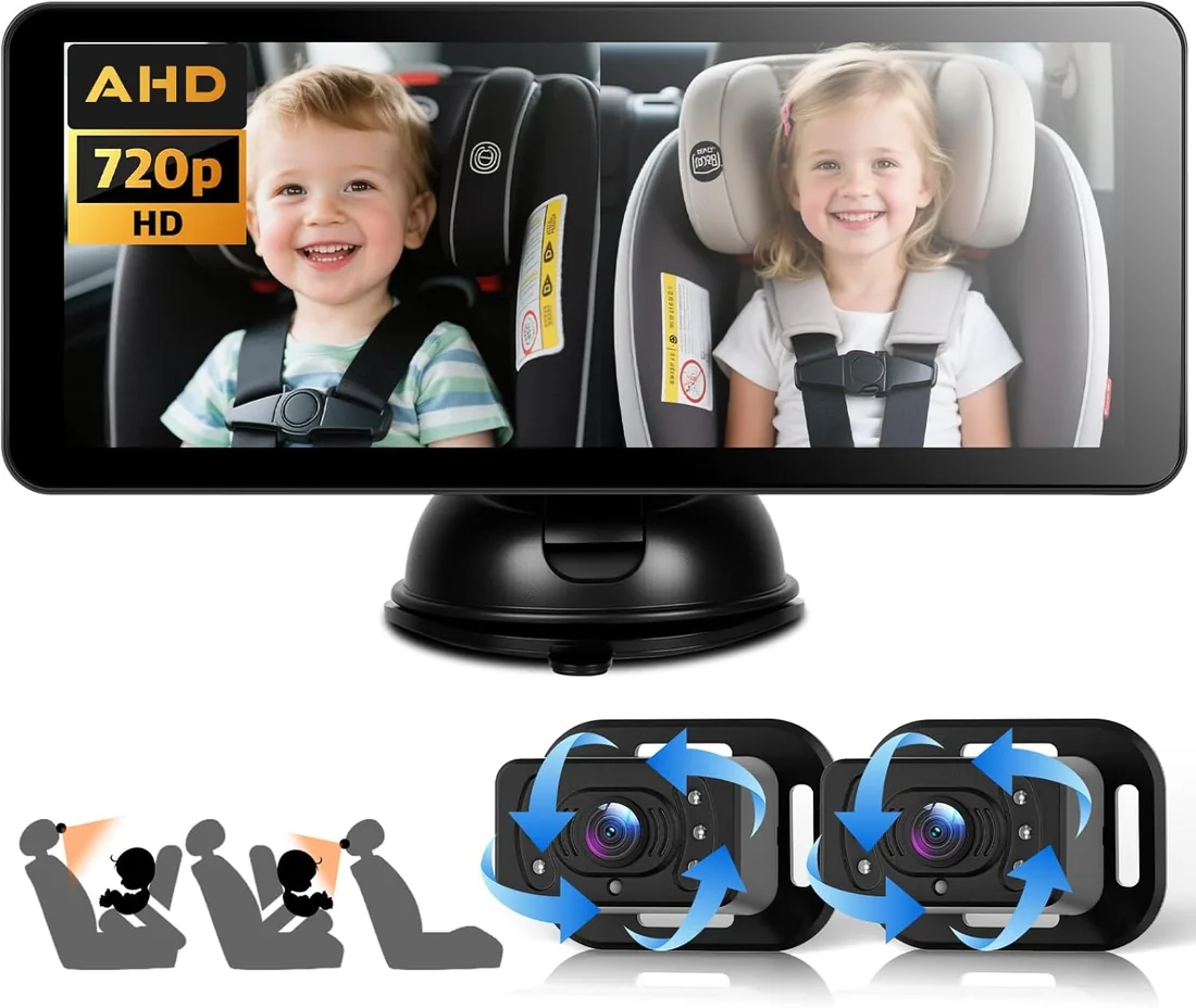 VECHTEL Dual Cámara Bebé Asiento Trasero HD 720P Espejo Retrovisor Bebé Coche Pantalla 6.86",Cámara de seguridad con visión nocturna giratoria de 360° para el espejo del asiento del coche
