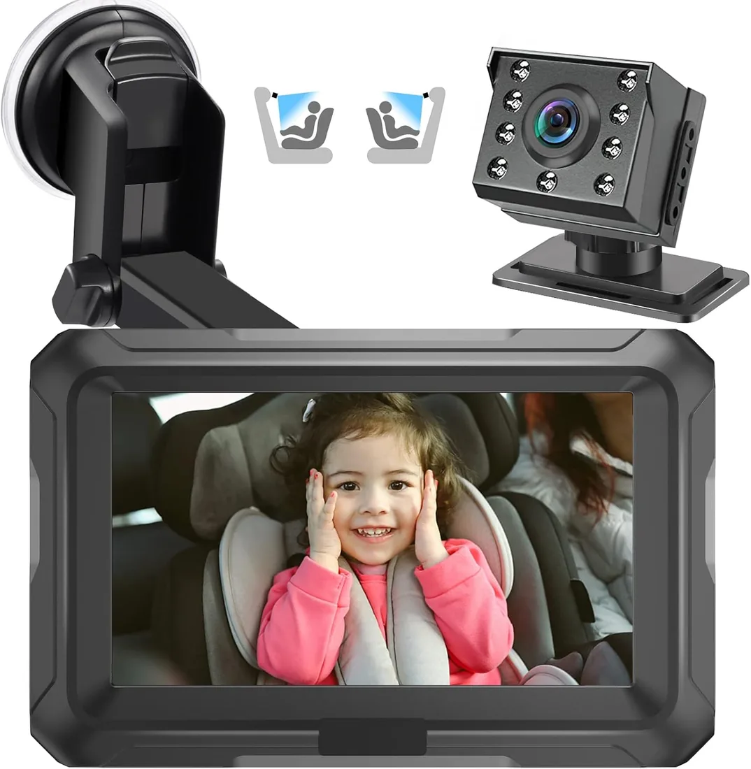 Zacro Cámara Bebé Asiento Trasero HD 1080P - Espejo Retrovisor Bebé Coche Pantalla 4.3'' - Monitores de Bebé para Coche con Función de Visión Nocturna, Ángulo de Visión Amplio