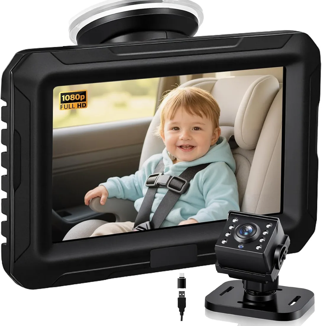 Zacro Cámara Bebé Coche Asiento Trasero HD 1080P, Espejo Retrovisor Camara Bebe Pantalla 4.3'', USB-C Plug and Play Monitores de Bebé para Coche con Visión Nocturna, Ángulo de Visión Amplio foto 2