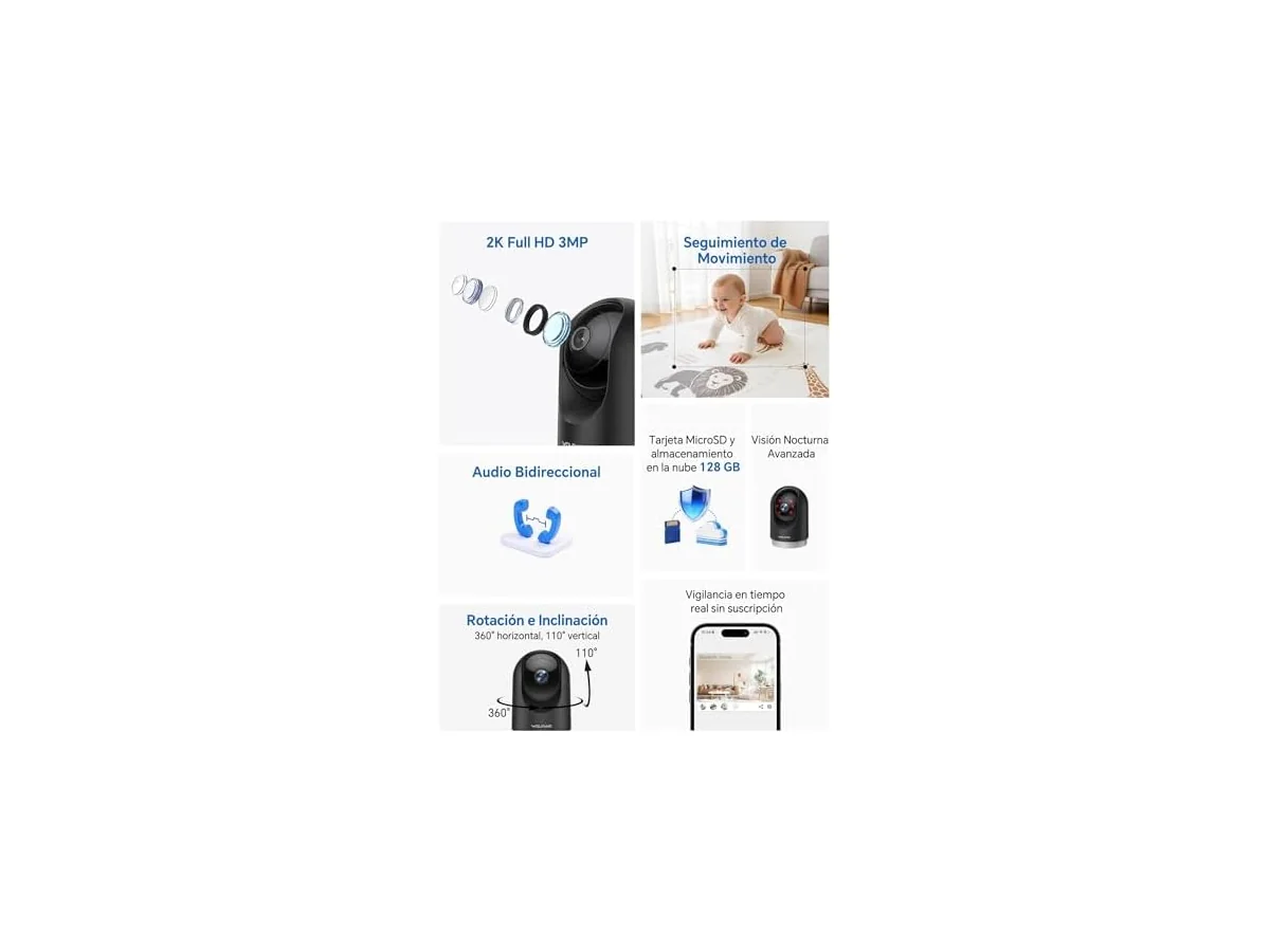WOLFANG Cámara Vigilancia Interior 2K, Cámara Vigilancia Domicilio WiFi 360° PTZ con Seguimiento, Vision… foto 3