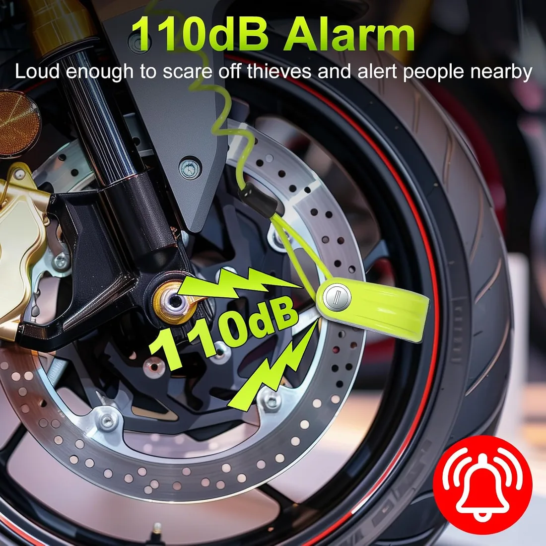 Anykuu Candado Moto con Alarma 110 dB, Antirrobo de Disco 7 mm | Aluminio resistente, impermeable y fácil de usar, con cable recordatorio para moto, scooter y bici eléctrica foto 2