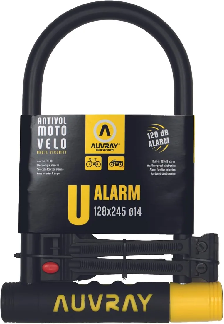 AUVRAY - Antirrobo de Bicicleta con Alarma - U ALARME 128X245 D.14-3 CLES - Resistencia excepcional - Carcasa Protectora de plástico - Alarma integrada de 120 dB - Alta Seguridad