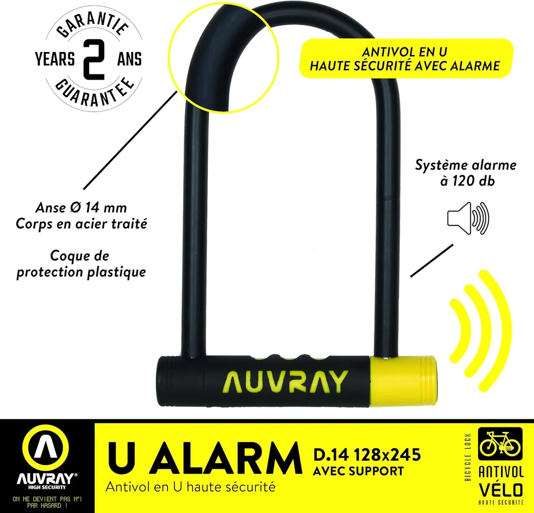 AUVRAY - Antirrobo de Bicicleta con Alarma - U ALARME 128X245 D.14-3 CLES - Resistencia excepcional - Carcasa Protectora de plástico - Alarma integrada de 120 dB - Alta Seguridad foto 2