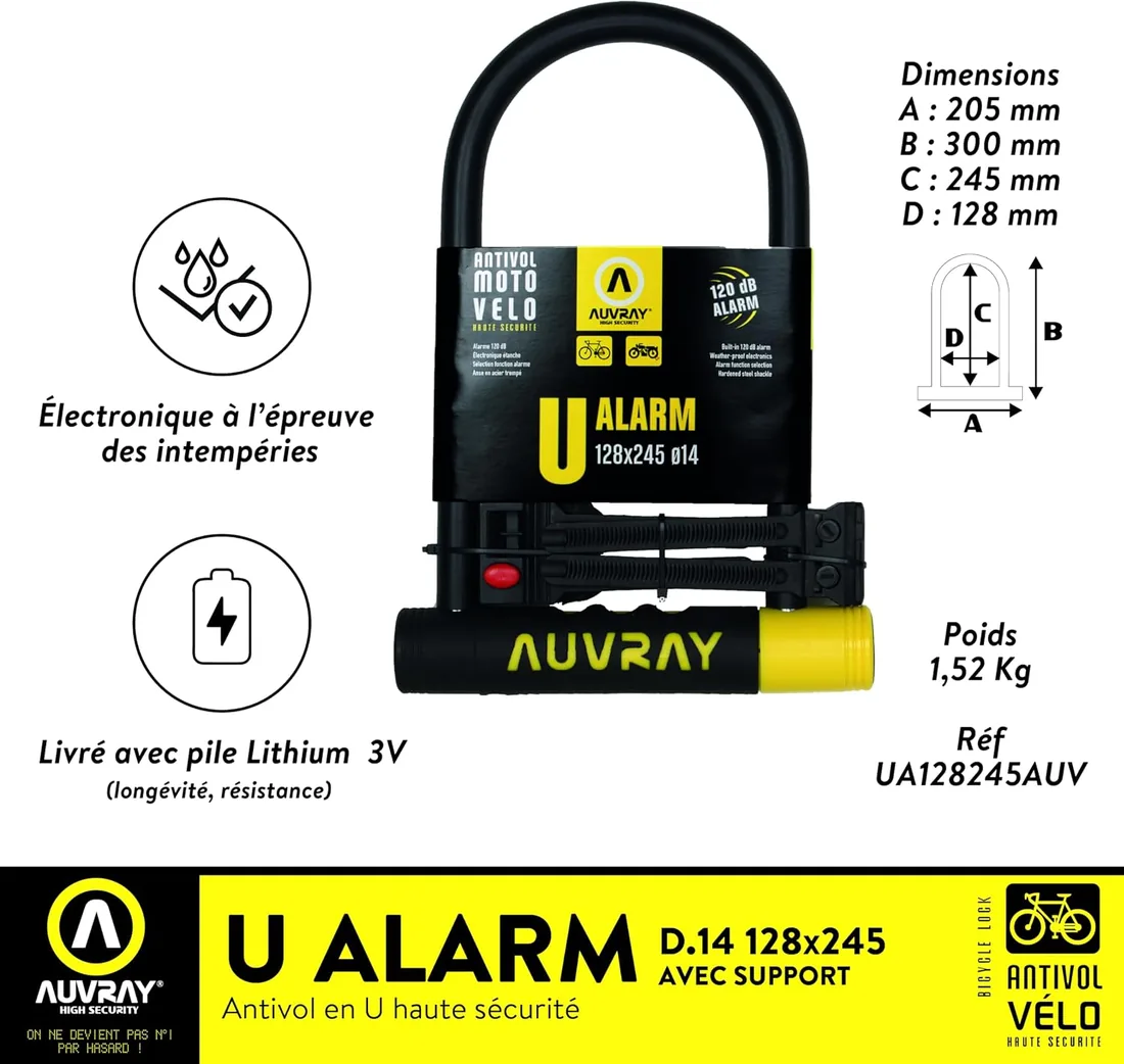 AUVRAY - Antirrobo de Bicicleta con Alarma - U ALARME 128X245 D.14-3 CLES - Resistencia excepcional - Carcasa Protectora de plástico - Alarma integrada de 120 dB - Alta Seguridad foto 3
