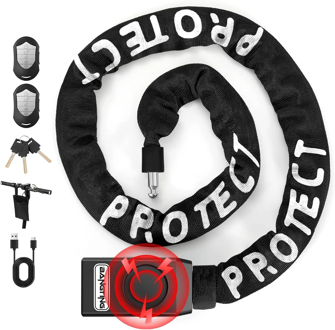 BANGTING 120CM Cadena Bicicleta Antirrobo con 110dB Alarma, Candado Bicicleta con 3 llaves, Cadena Bicicleta Antirrobo para Bicicletas, Motos, Scooters (Negro)