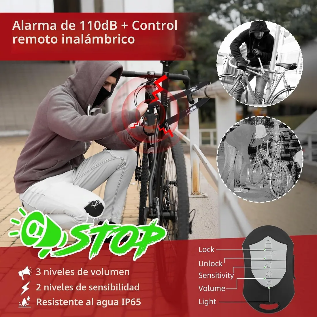 BANGTING 120CM Cadena Bicicleta Antirrobo con 110dB Alarma, Candado Bicicleta con 3 llaves, Cadena Bicicleta Antirrobo para Bicicletas, Motos, Scooters (Negro) foto 2