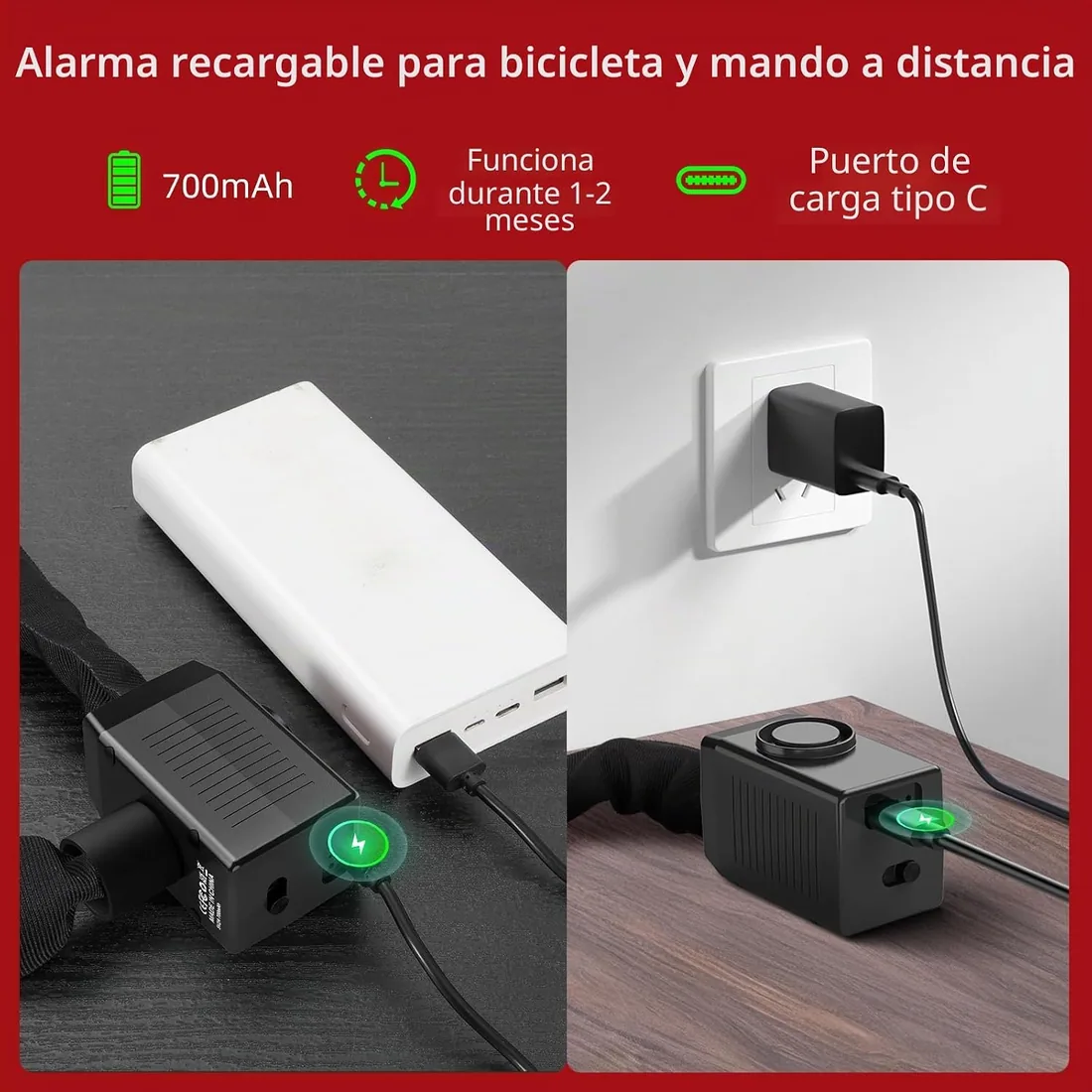 BANGTING 120CM Cadena Bicicleta Antirrobo con 110dB Alarma, Candado Bicicleta con 3 llaves, Cadena Bicicleta Antirrobo para Bicicletas, Motos, Scooters (Negro) foto 3