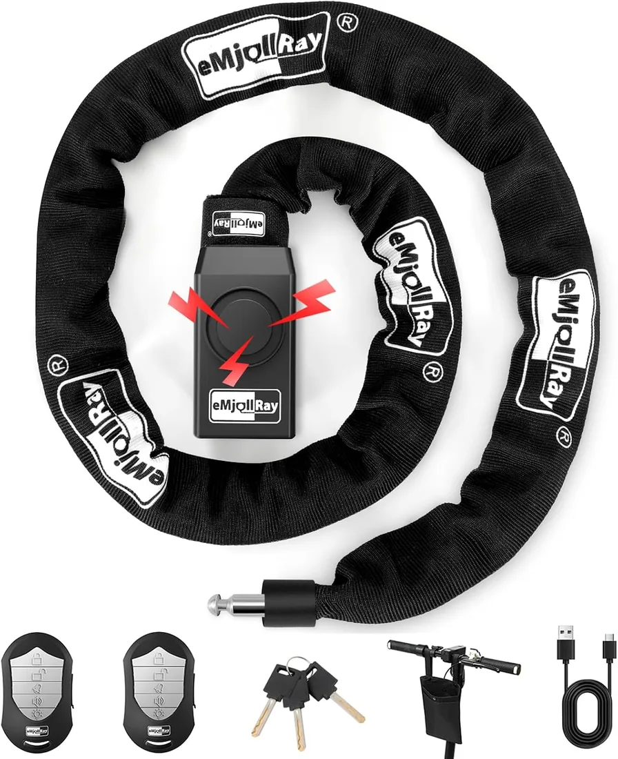Candado de Bicicleta de 120cm con Alarma de 110dB, Candado de Cadena Antirrobo para Bicicleta Eléctrica, 8mm de Grosor, 2 Mandos a Distancia, 3 Llaves, Cable USB C
