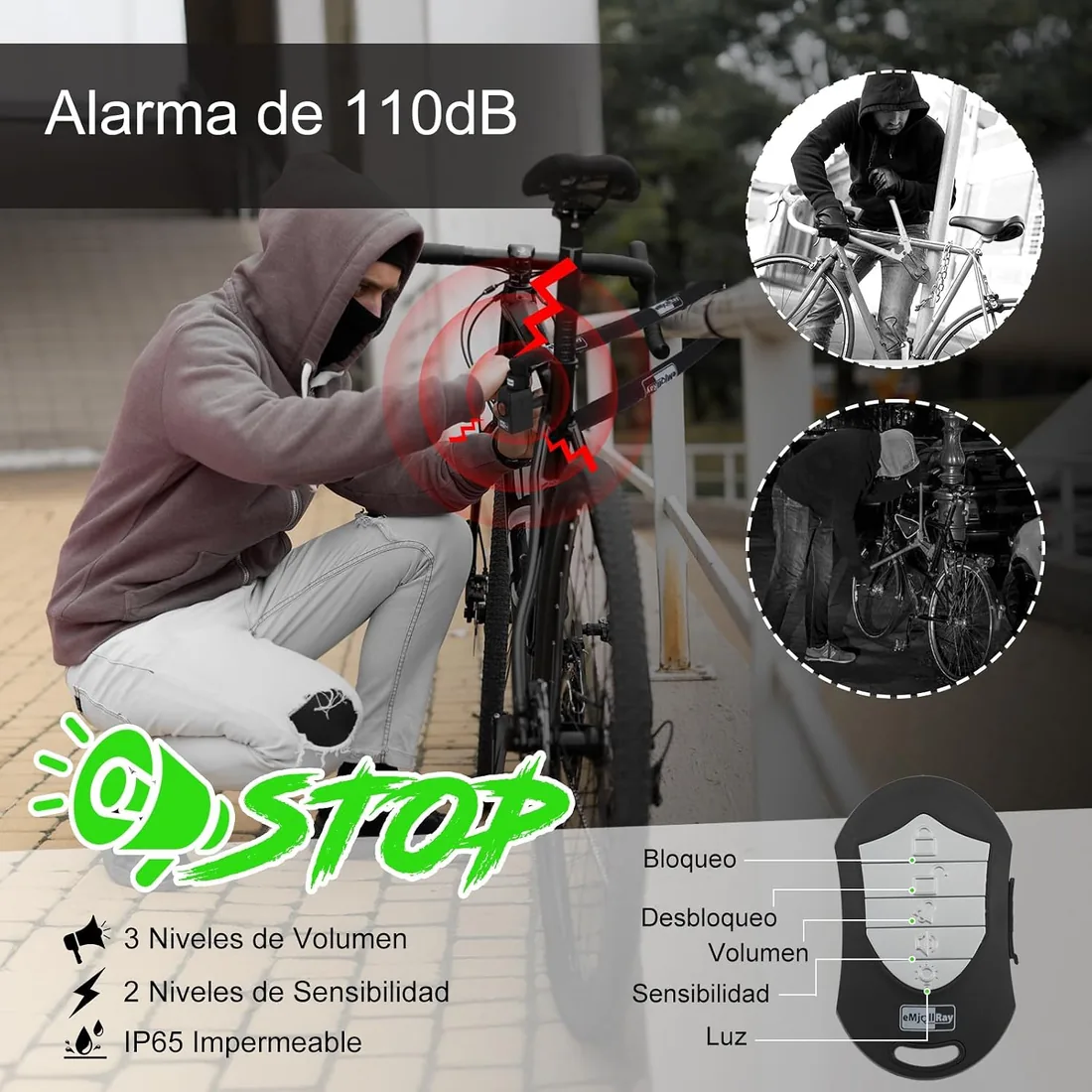 Candado de Bicicleta de 120cm con Alarma de 110dB, Candado de Cadena Antirrobo para Bicicleta Eléctrica, 8mm de Grosor, 2 Mandos a Distancia, 3 Llaves, Cable USB C foto 2