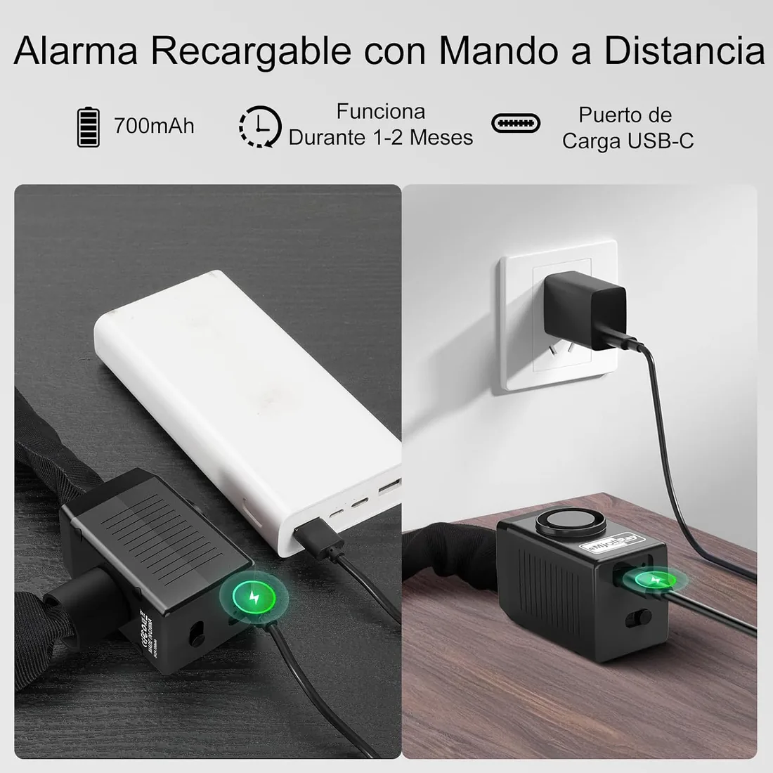 Candado de Bicicleta de 120cm con Alarma de 110dB, Candado de Cadena Antirrobo para Bicicleta Eléctrica, 8mm de Grosor, 2 Mandos a Distancia, 3 Llaves, Cable USB C foto 3