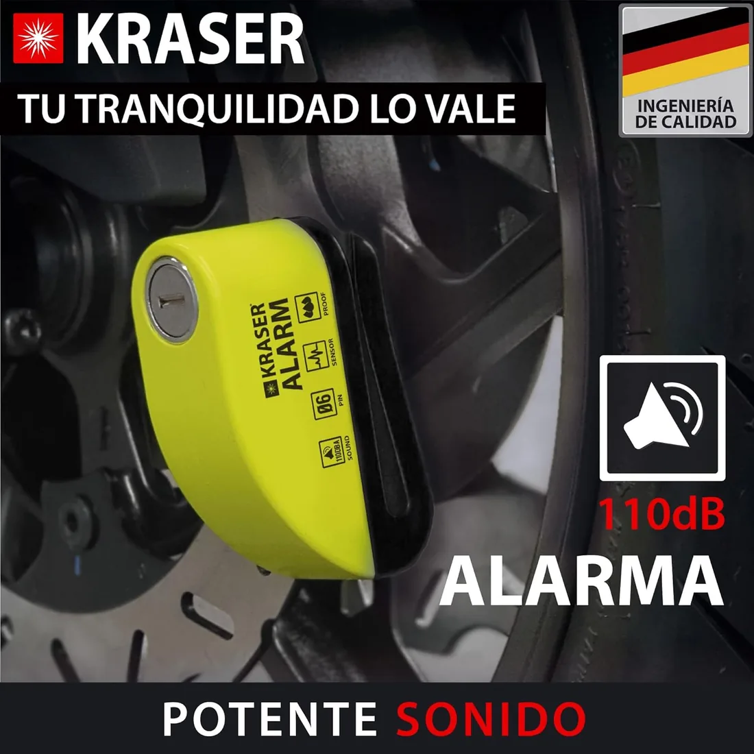KRASER 6Y Candado Moto con Alarma 110dB, Antirrobo Disco Reforzado, 3 Llaves (Otros 2) Alta Seguridad Impermeable Accesorios Cable Bolsa Pilas, Pinza Bloqueo 6mm Universal Scooter Bicicleta A/N foto 2