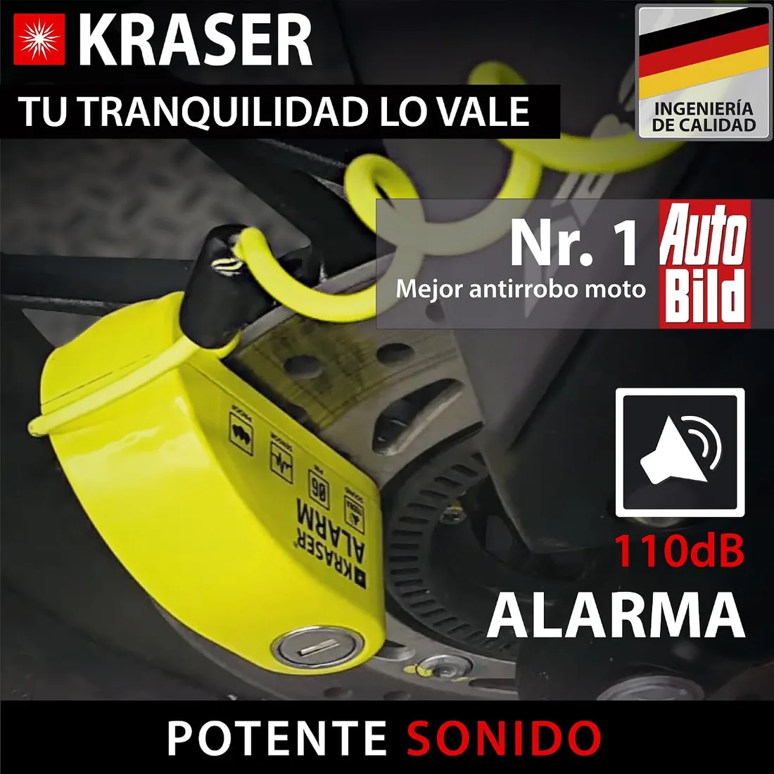 KRASER 6Y Candado Moto con Alarma 110dB, Antirrobo Disco Reforzado, 3 Llaves (Otros 2) Alta Seguridad Impermeable Accesorios Cable Bolsa Pilas, Pinza Bloqueo 6mm Universal Scooter Bicicleta Amarillo foto 2