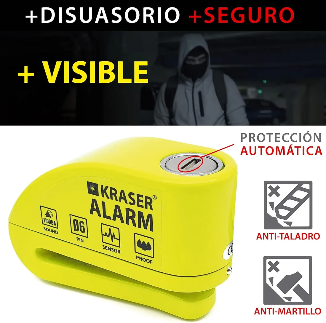 KRASER 6Y Candado Moto con Alarma 110dB, Antirrobo Disco Reforzado, 3 Llaves (Otros 2) Alta Seguridad Impermeable Accesorios Cable Bolsa Pilas, Pinza Bloqueo 6mm Universal Scooter Bicicleta Amarillo foto 3