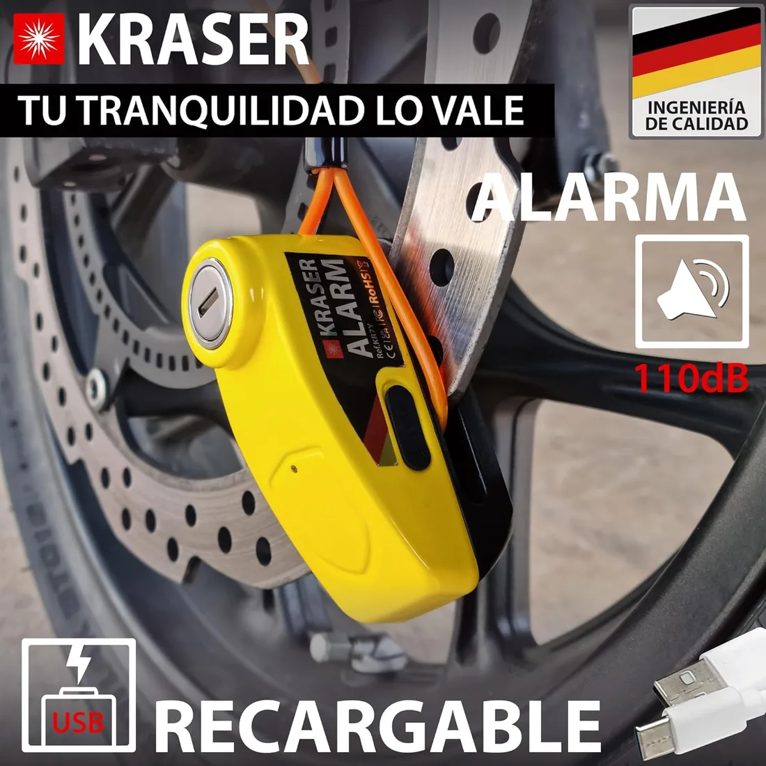 KRASER KR7Y Candado Disco Moto con Alarma 110dB Batería Recargable USB, Sensor de Movimiento, Impermeable Resistente Visible, Antirrobo Cepo Pinza Freno Bloqueo 7mm Universal, Amarillo foto 2