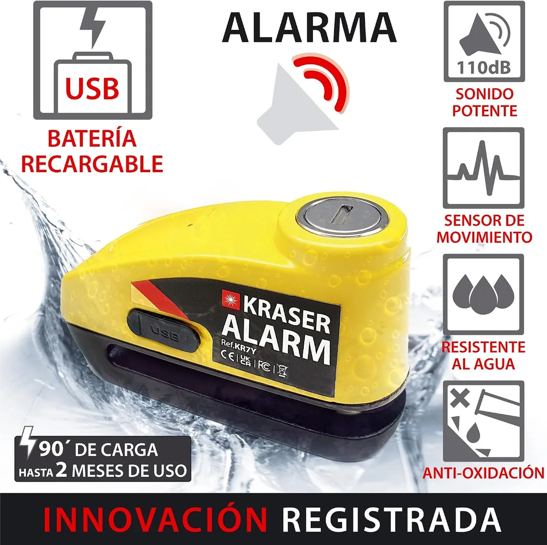 KRASER KR7Y Candado Disco Moto con Alarma 110dB Batería Recargable USB, Sensor de Movimiento, Impermeable Resistente Visible, Antirrobo Cepo Pinza Freno Bloqueo 7mm Universal, Amarillo foto 3