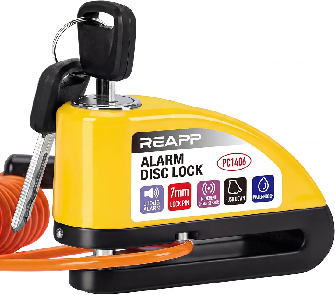REAPP Candado Moto Disco con Alarma 110 dB, Antirrobo Moto Freno 7mm | Cable Recordatorio 1,5 m, Bolsa Portátil, Batería de Repuesto, Impermeable, Pinza Moto Antirrobo para Motocicletas Bicicleta