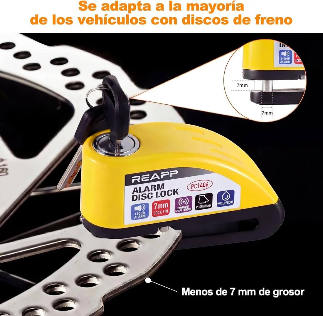 REAPP Candado Moto Disco con Alarma 110 dB, Antirrobo Moto Freno 7mm | Cable Recordatorio 1,5 m, Bolsa Portátil, Batería de Repuesto, Impermeable, Pinza Moto Antirrobo para Motocicletas Bicicleta foto 3