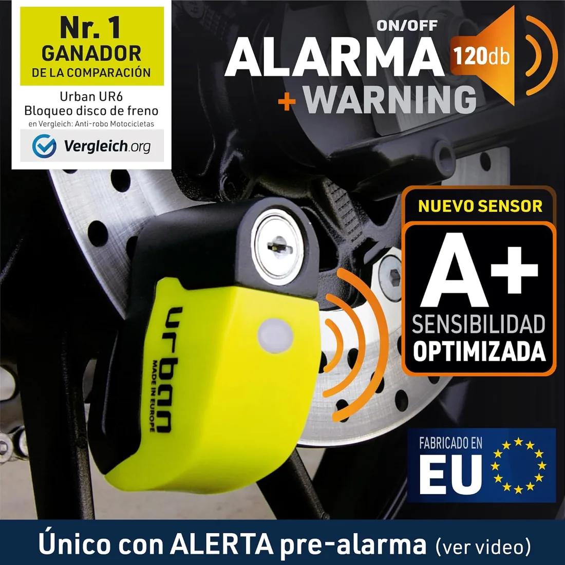 URBAN UR6 Candado Moto con Alarma Inteligente | Antirrobo Disco Más Eficaz | Hi-Tech, 120db, LED, Warning Sensibilidad A+, Pila CR2 Larga Duración, Impermeable, Pinza 6mm Universal Scooter Bici foto 3