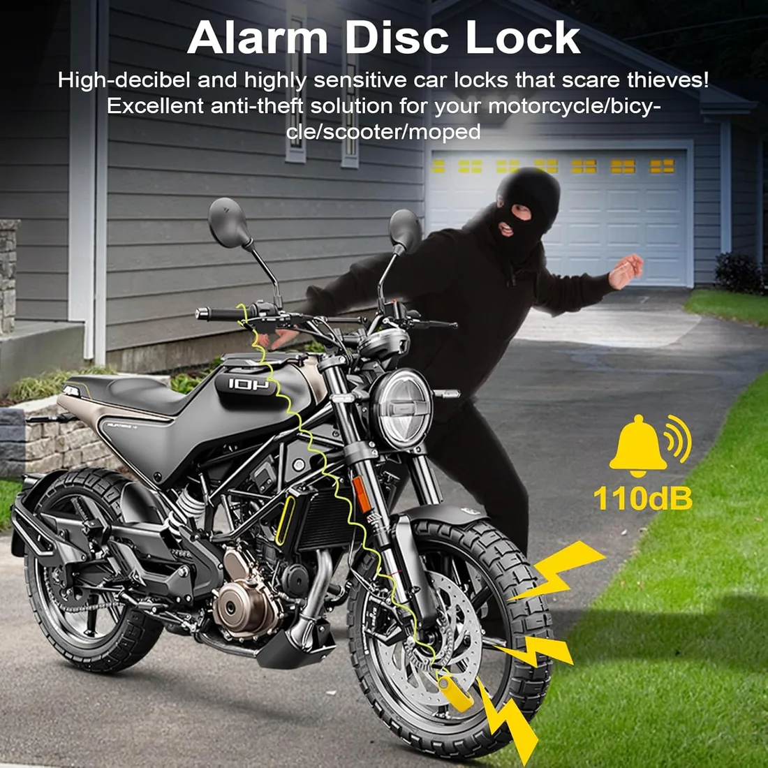 Vemfay Candado Moto Disco con Alarma 110 DB, Candado de Freno de Disco con Cable de Recuperación de 1,2 m, Candado de Alta Seguridad para Moto, Ciclomotor, Bicicleta, Scooter foto 2
