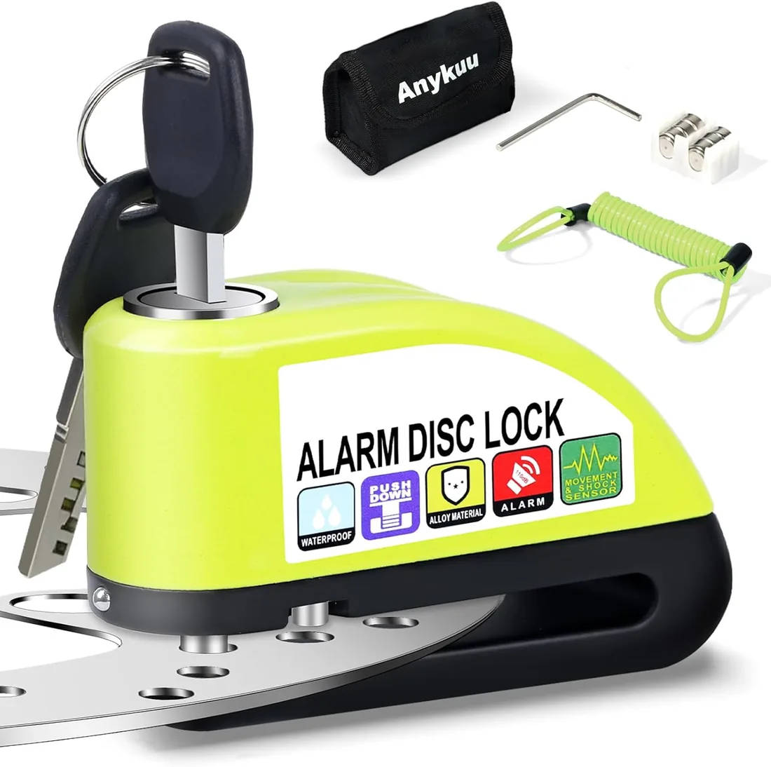 Anykuu Candado Moto con Alarma 110 dB, Antirrobo de Disco 7 mm | Aluminio resistente, impermeable y fácil de usar, con cable recordatorio para moto, scooter y bici eléctrica