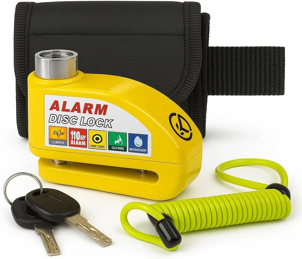 Candado Moto Disco con Alarma 110dB. Pinza Freno Disco 6mm Universal Impermeable. Antirrobo Freno Moto para Scooter, Bicicleta, con Cable Recordatorio Bolsa y 2 Llaves, Cepo Bloqueo Moto - Amarillo