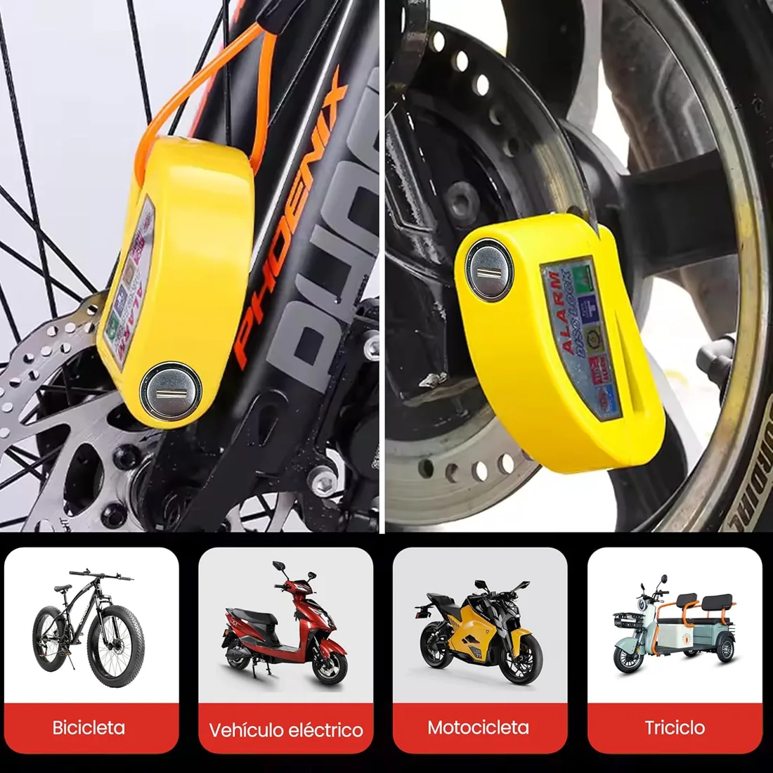 Candado Moto Disco con Alarma 110dB. Pinza Freno Disco 6mm Universal Impermeable. Antirrobo Freno Moto para Scooter, Bicicleta, con Cable Recordatorio Bolsa y 2 Llaves, Cepo Bloqueo Moto - Amarillo foto 2