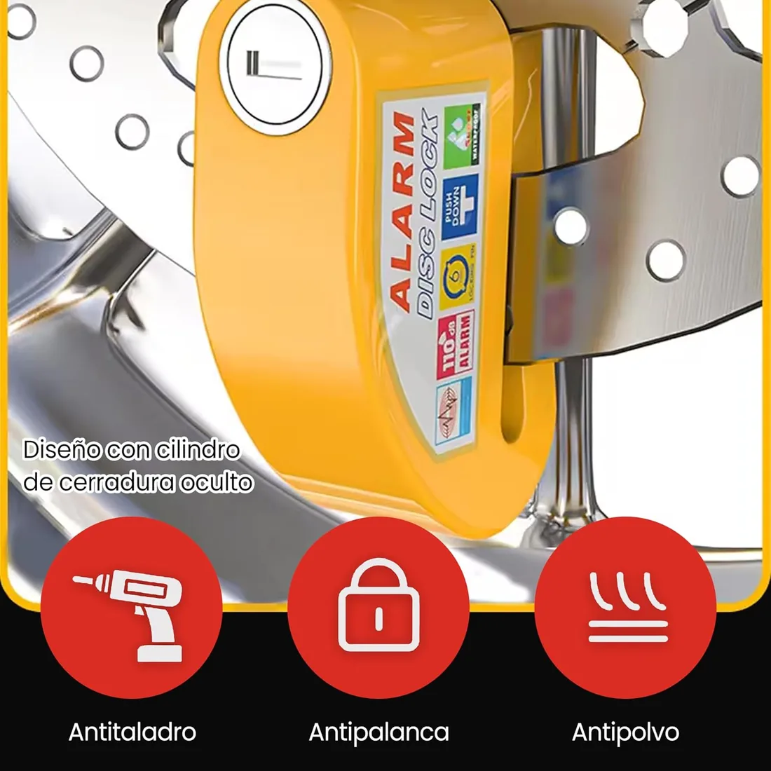 Candado Moto Disco con Alarma 110dB. Pinza Freno Disco 6mm Universal Impermeable. Antirrobo Freno Moto para Scooter, Bicicleta, con Cable Recordatorio Bolsa y 2 Llaves, Cepo Bloqueo Moto - Amarillo foto 3