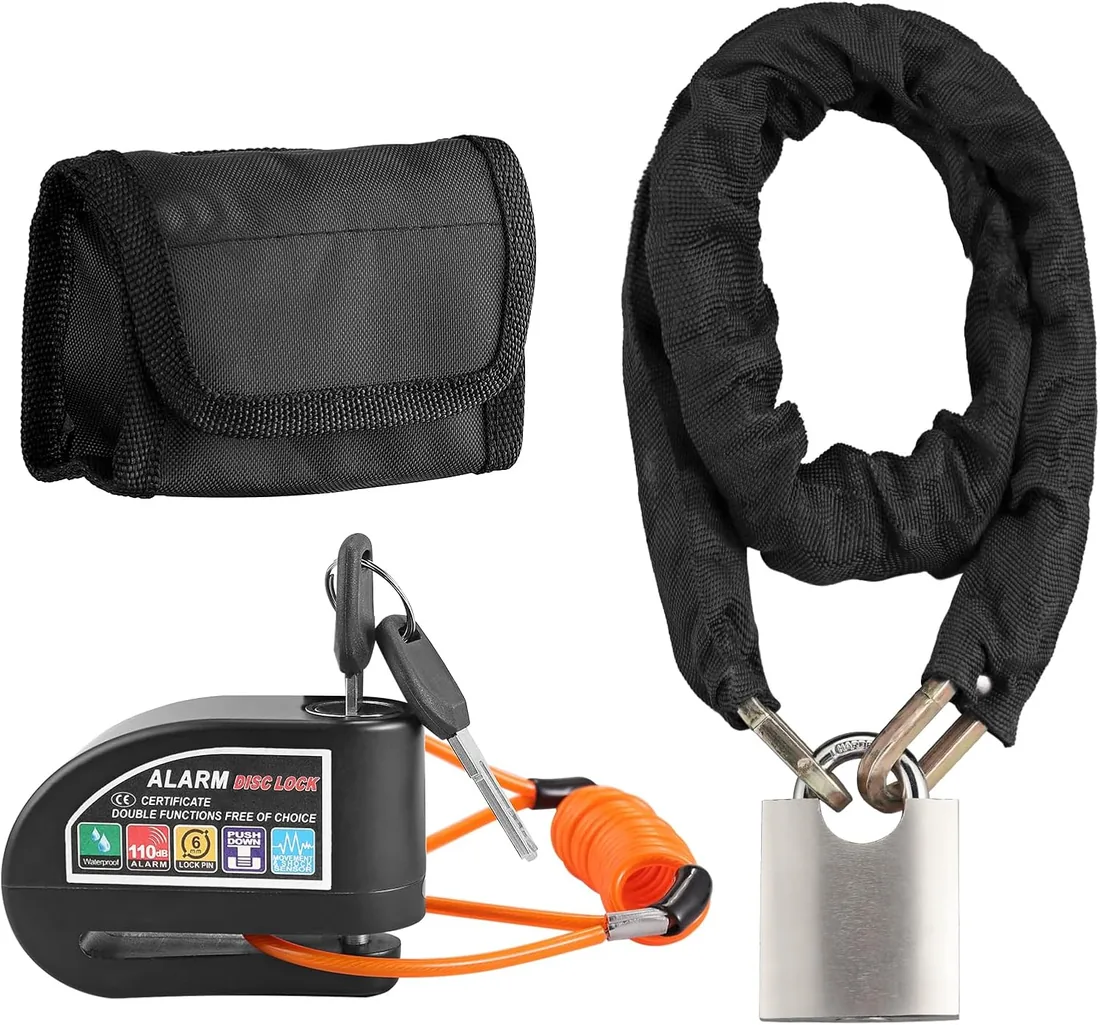 Justech Candado Moto Disco con 2 Modos de Alarma 110 DB+Candado de Cadena para Moto con Cable de Recordatorio y Bolsa de Transporte, Antirrobo Moto Impermeable de Alta Seguridad para Motos,Bicicletas