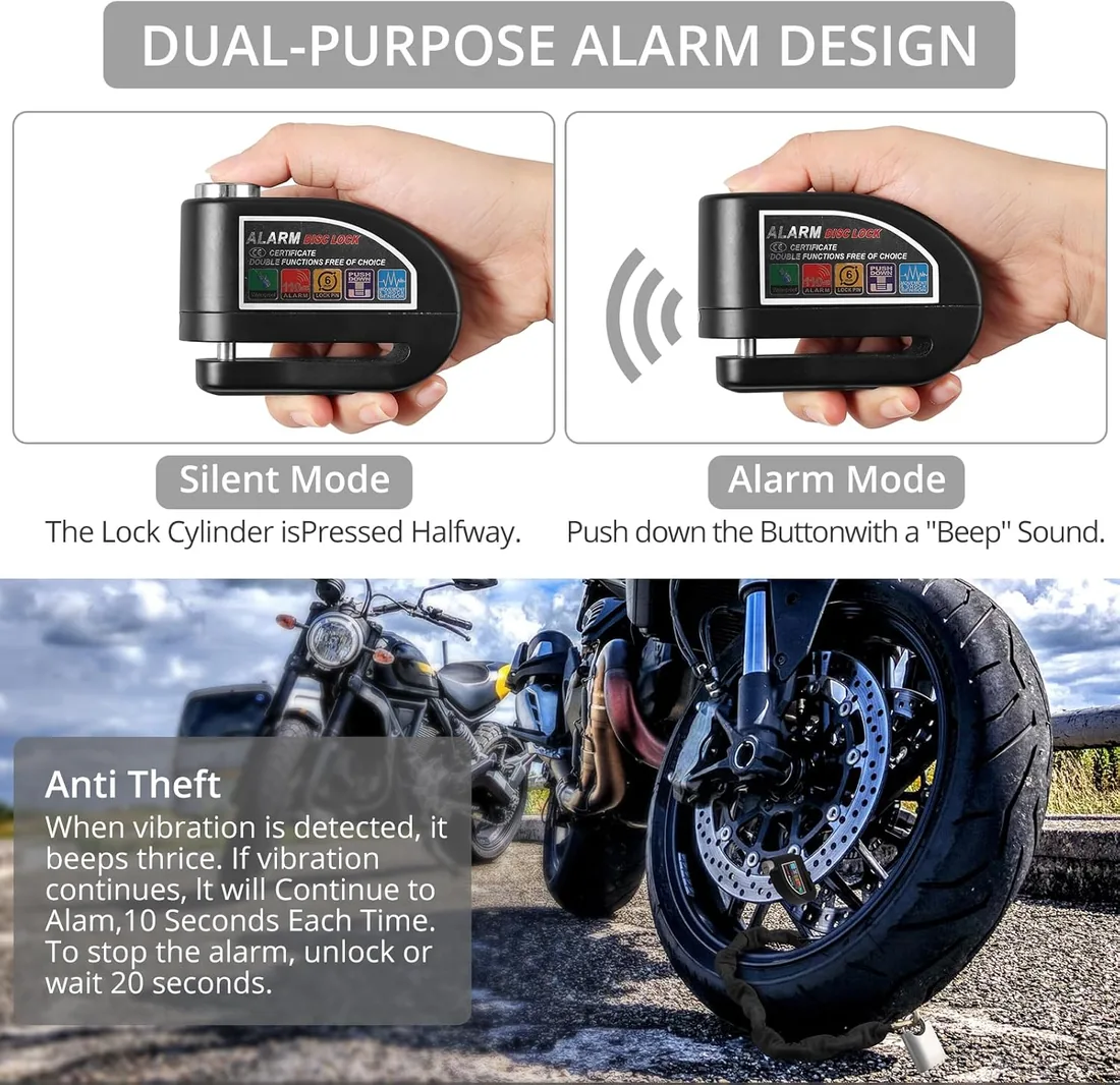 Justech Candado Moto Disco con 2 Modos de Alarma 110 DB+Candado de Cadena para Moto con Cable de Recordatorio y Bolsa de Transporte, Antirrobo Moto Impermeable de Alta Seguridad para Motos,Bicicletas foto 2