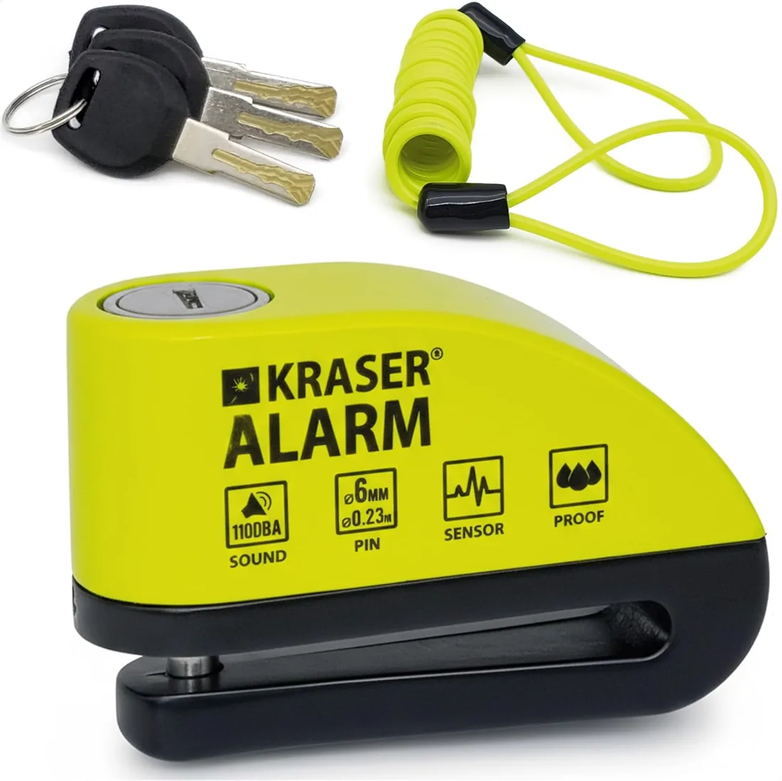KRASER 6Y Candado Moto con Alarma 110dB, Antirrobo Disco Reforzado, 3 Llaves (Otros 2) Alta Seguridad Impermeable Accesorios Cable Bolsa Pilas, Pinza Bloqueo 6mm Universal Scooter Bicicleta A/N