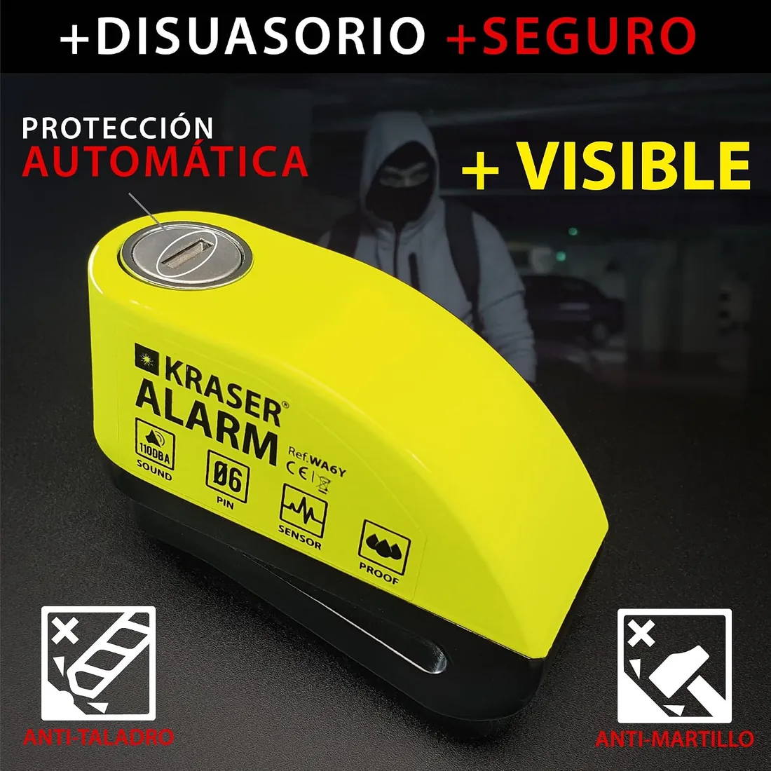 KRASER 6Y Candado Moto con Alarma 110dB, Antirrobo Disco Reforzado, 3 Llaves (Otros 2) Alta Seguridad Impermeable Accesorios Cable Bolsa Pilas, Pinza Bloqueo 6mm Universal Scooter Bicicleta A/N foto 3