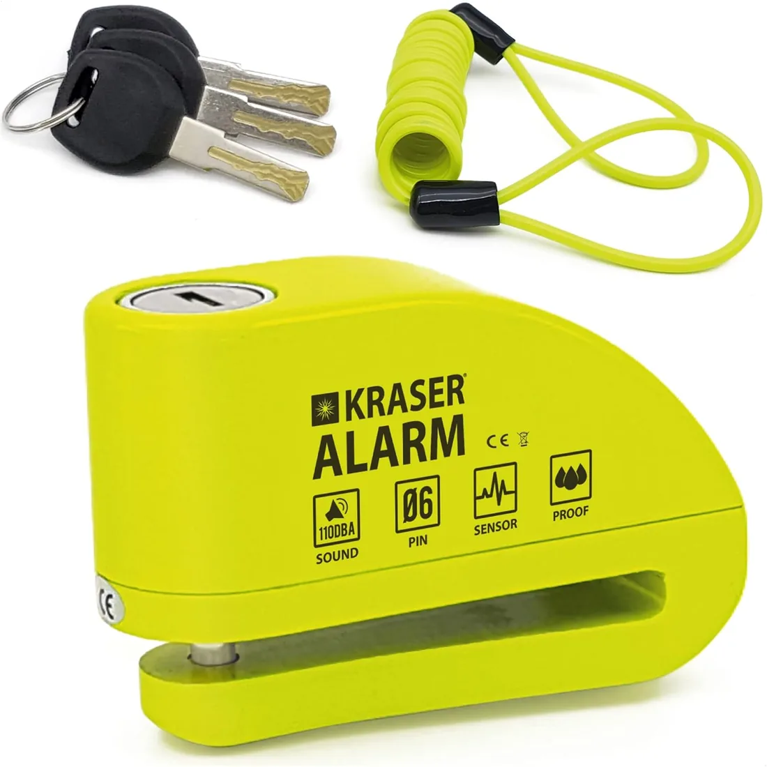 KRASER 6Y Candado Moto con Alarma 110dB, Antirrobo Disco Reforzado, 3 Llaves (Otros 2) Alta Seguridad Impermeable Accesorios Cable Bolsa Pilas, Pinza Bloqueo 6mm Universal Scooter Bicicleta Amarillo