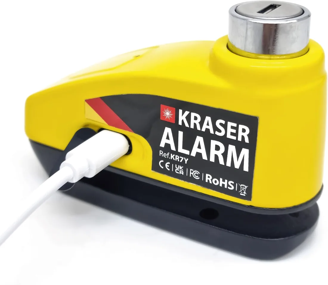 KRASER KR7Y Candado Disco Moto con Alarma 110dB Batería Recargable USB, Sensor de Movimiento, Impermeable Resistente Visible, Antirrobo Cepo Pinza Freno Bloqueo 7mm Universal, Amarillo