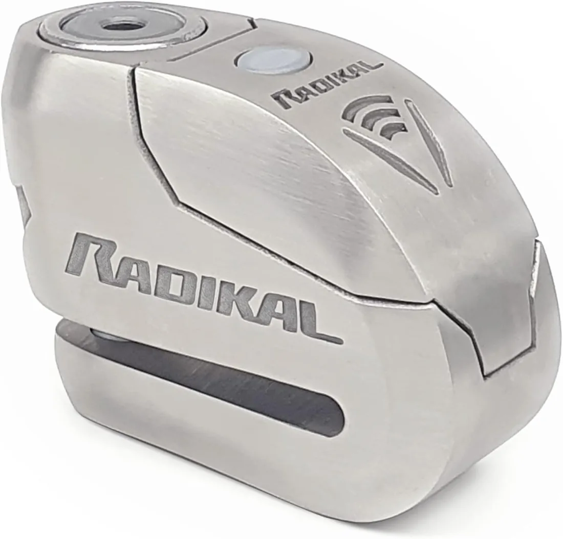 RADIKAL RK14S Candado Moto Disco Premium con Alarma | Activación Opcional, 120dB, Alerta LED, Warning Pre-alarma | Antirrobo Homologado SRA Alta Seguridad Pinza Cepo Acero Inoxidable Doble Cierre 14mm