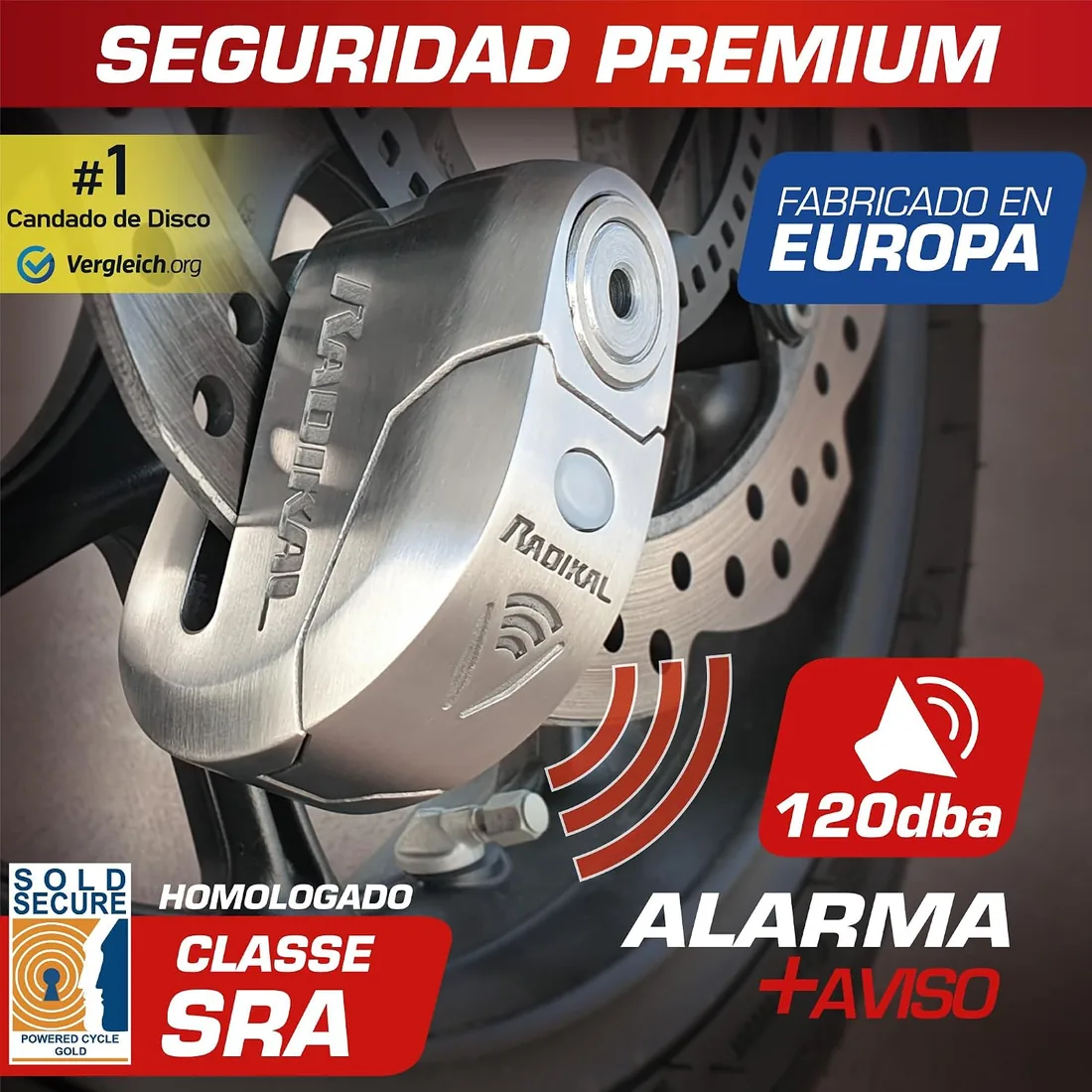 RADIKAL RK14S Candado Moto Disco Premium con Alarma | Activación Opcional, 120dB, Alerta LED, Warning Pre-alarma | Antirrobo Homologado SRA Alta Seguridad Pinza Cepo Acero Inoxidable Doble Cierre 14mm foto 2
