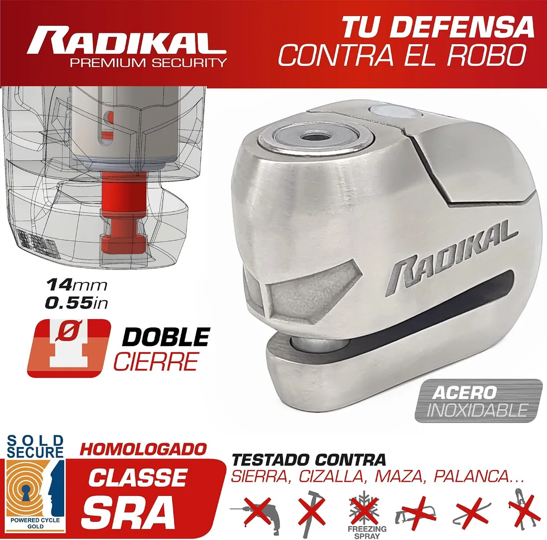 RADIKAL RK14S Candado Moto Disco Premium con Alarma | Activación Opcional, 120dB, Alerta LED, Warning Pre-alarma | Antirrobo Homologado SRA Alta Seguridad Pinza Cepo Acero Inoxidable Doble Cierre 14mm foto 3