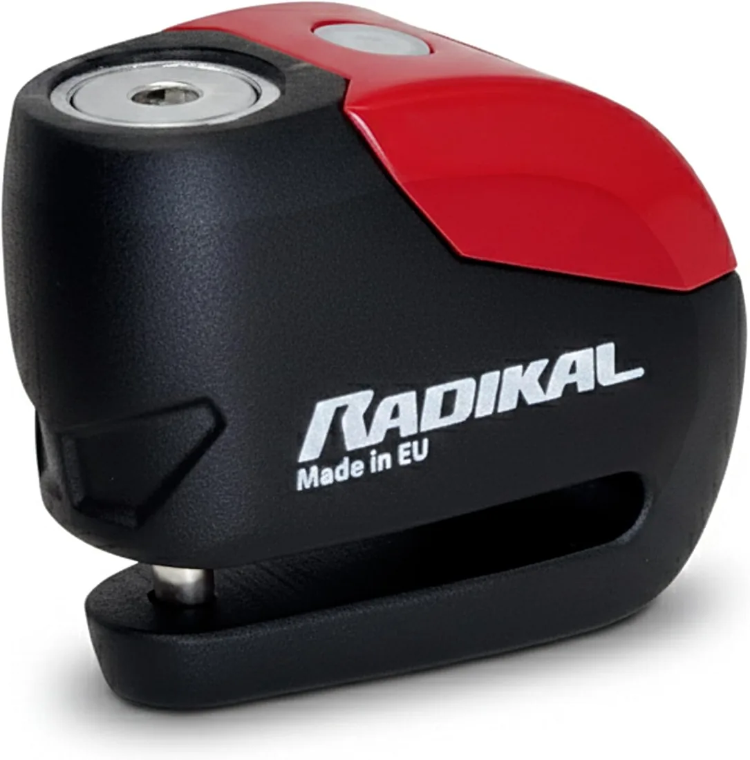 RADIKAL RK9 Candado Moto Disco | Alarma Premium 120db ON/OFF, Warning Pre-Alarma, Alerta LED, Impermeable, Pila Litio | 100% Metal, Antirrobo Pinza Freno, Bloqueo 6mm Universal Scooter Bicicleta