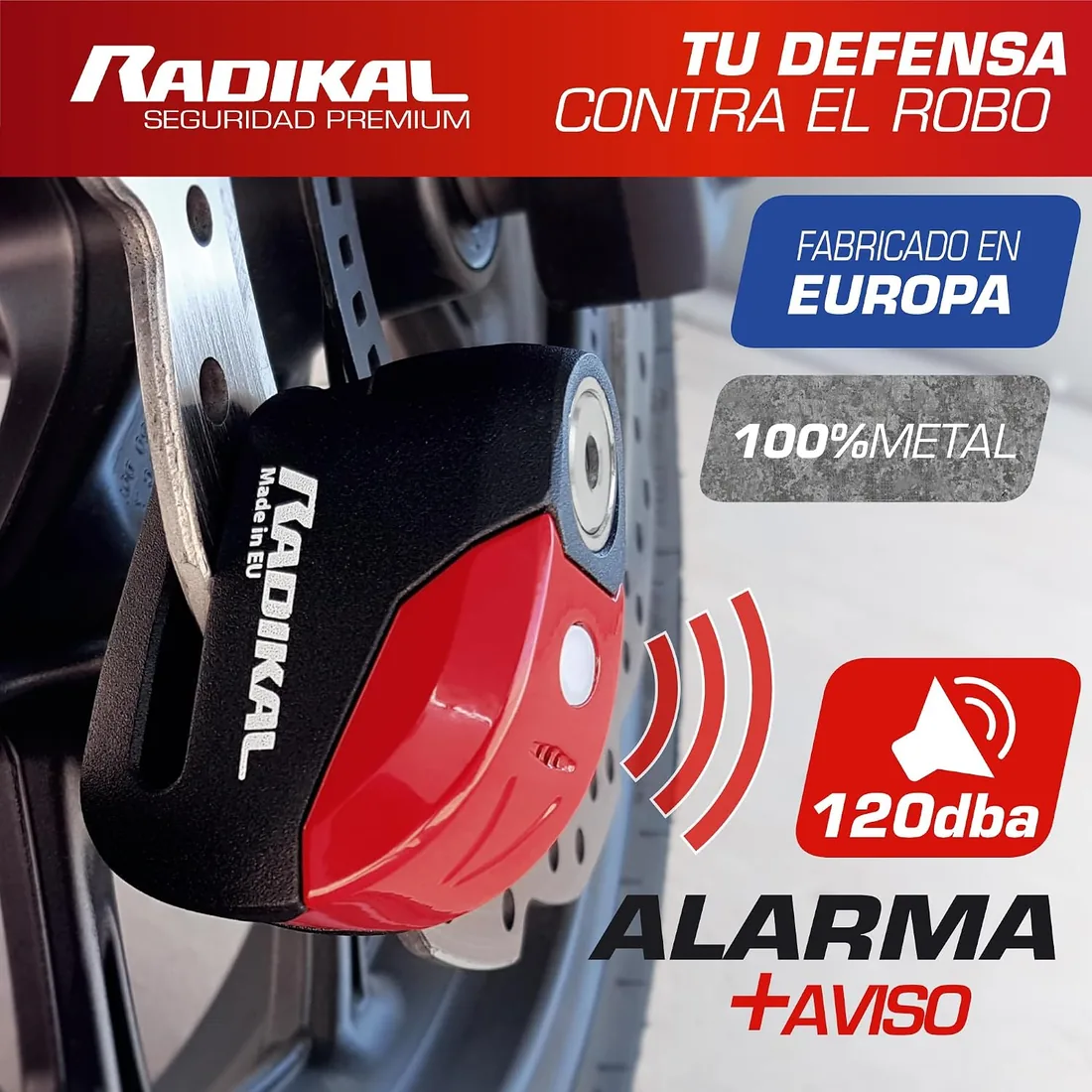 RADIKAL RK9 Candado Moto Disco | Alarma Premium 120db ON/OFF, Warning Pre-Alarma, Alerta LED, Impermeable, Pila Litio | 100% Metal, Antirrobo Pinza Freno, Bloqueo 6mm Universal Scooter Bicicleta foto 2
