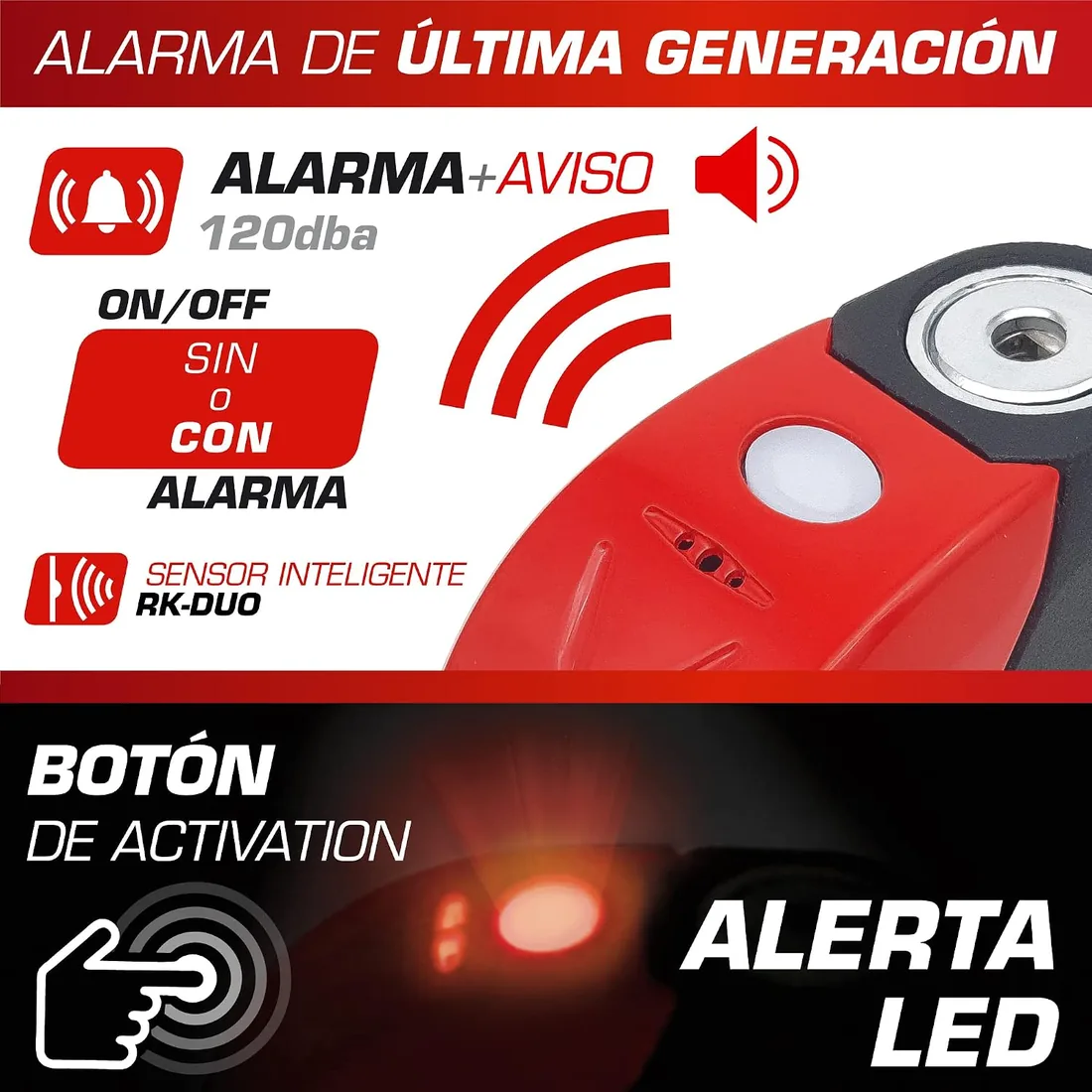RADIKAL RK9 Candado Moto Disco | Alarma Premium 120db ON/OFF, Warning Pre-Alarma, Alerta LED, Impermeable, Pila Litio | 100% Metal, Antirrobo Pinza Freno, Bloqueo 6mm Universal Scooter Bicicleta foto 3