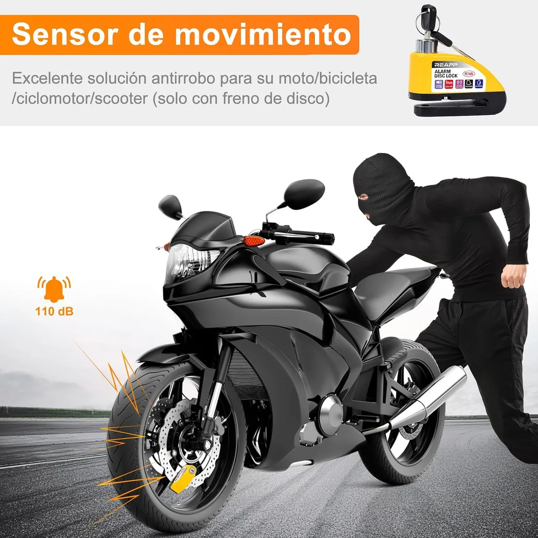 REAPP Candado Moto Disco con Alarma 110 dB, Antirrobo Moto Freno 7mm | Cable Recordatorio 1,5 m, Bolsa Portátil, Batería de Repuesto, Impermeable, Pinza Moto Antirrobo para Motocicletas Bicicleta foto 2
