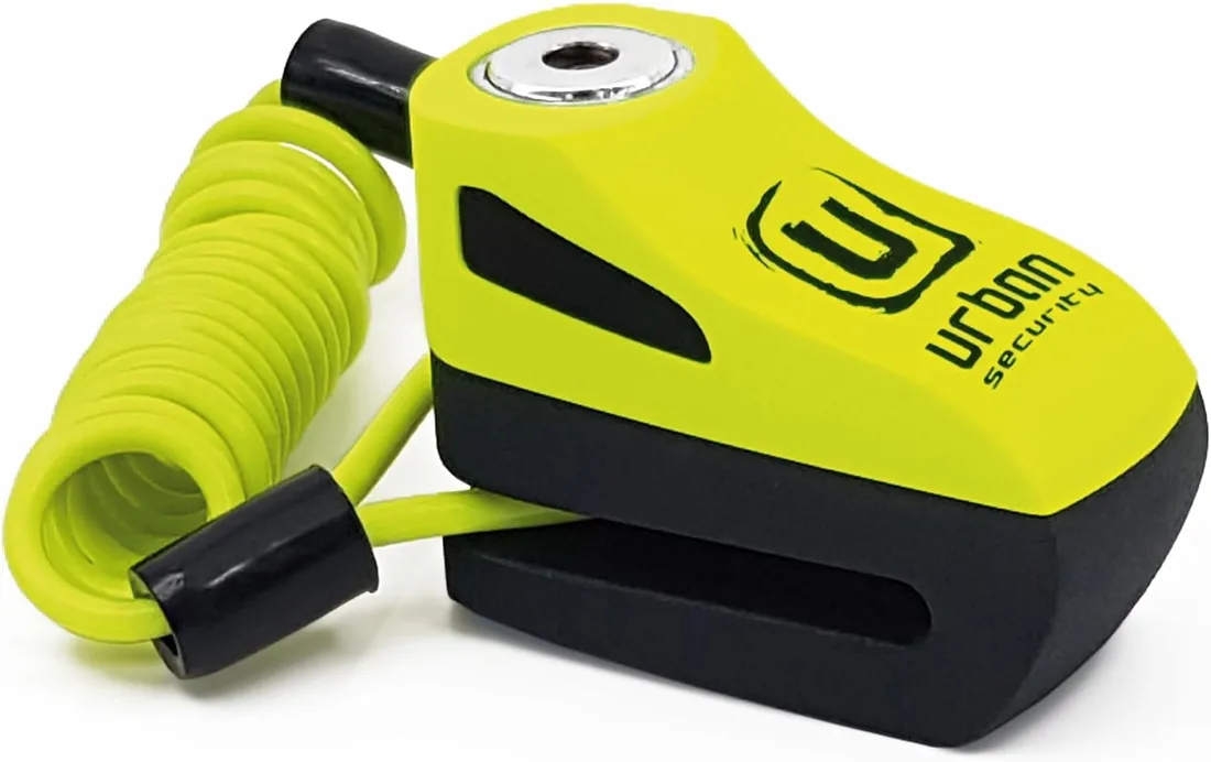 URBAN UR955Y Candado Moto Disco Universal, Seguridad Compacta y Eficaz, Más Visible Más Disuasorio, Rápido Bloqueo Click, Antirrobo Bloqueo Pinza Disco Freno Moto, Bicicleta, Patinete Electrico