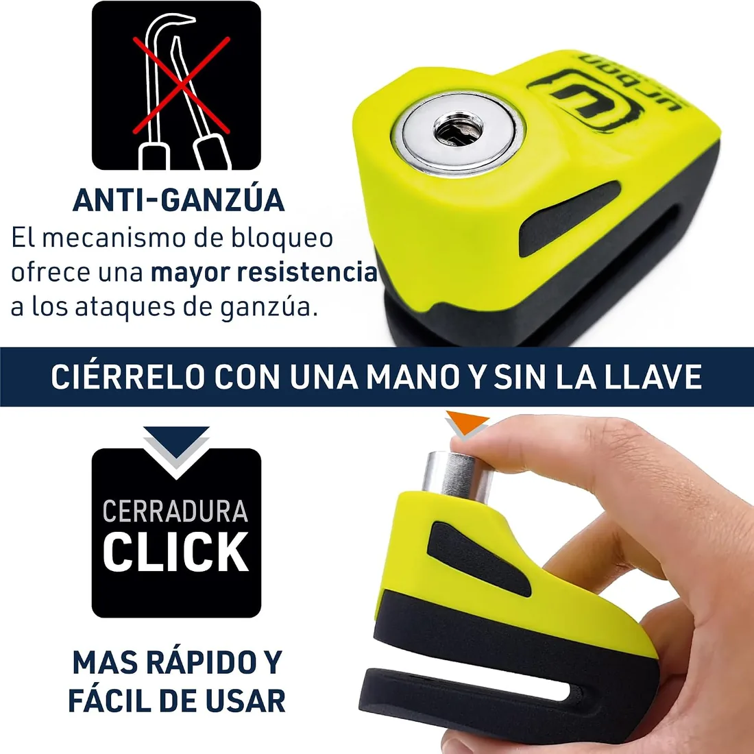 URBAN UR955Y Candado Moto Disco Universal, Seguridad Compacta y Eficaz, Más Visible Más Disuasorio, Rápido Bloqueo Click, Antirrobo Bloqueo Pinza Disco Freno Moto, Bicicleta, Patinete Electrico foto 3