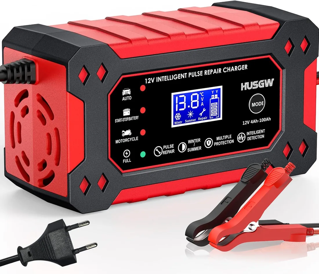12V6A Cargador de Batería de Coche,Cargador de Batería Inteligente con LCD | Múltiples Funciones de Protección,paraAutomóviles,Moto,Camión,AGM,Gel,SLA (2Ah-100Ah)