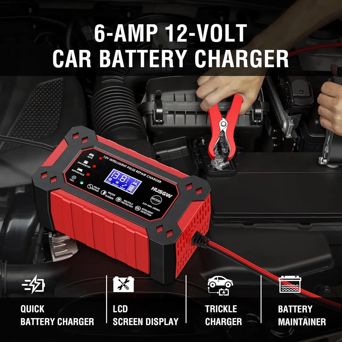 12V6A Cargador de Batería de Coche,Cargador de Batería Inteligente con LCD | Múltiples Funciones de Protección,paraAutomóviles,Moto,Camión,AGM,Gel,SLA (2Ah-100Ah) foto 2